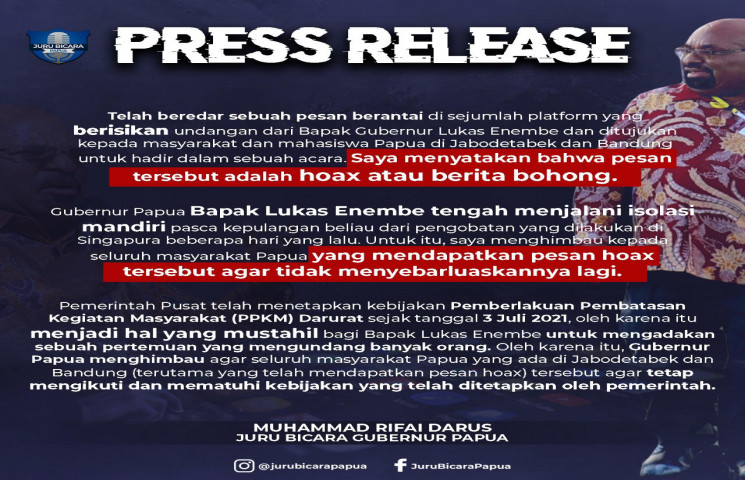 Jubir Rifai: Undangan Gubernur Bertemu Mahasiswa Papua se-Jabodetabek Hoax